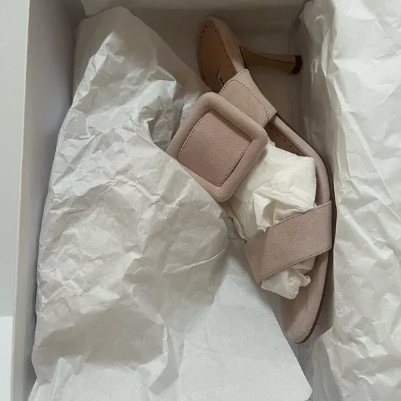 NIB MANOLO BLAHNIK GABLE SUEDE BUCKLE HEELED SLIDE SANDAL 39.5 - Picture 5 of 6